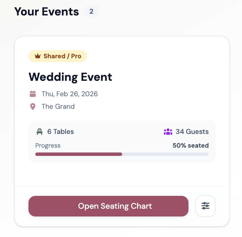 Events dashboard in Seat the Party showing event overview with seating progress and quick actions