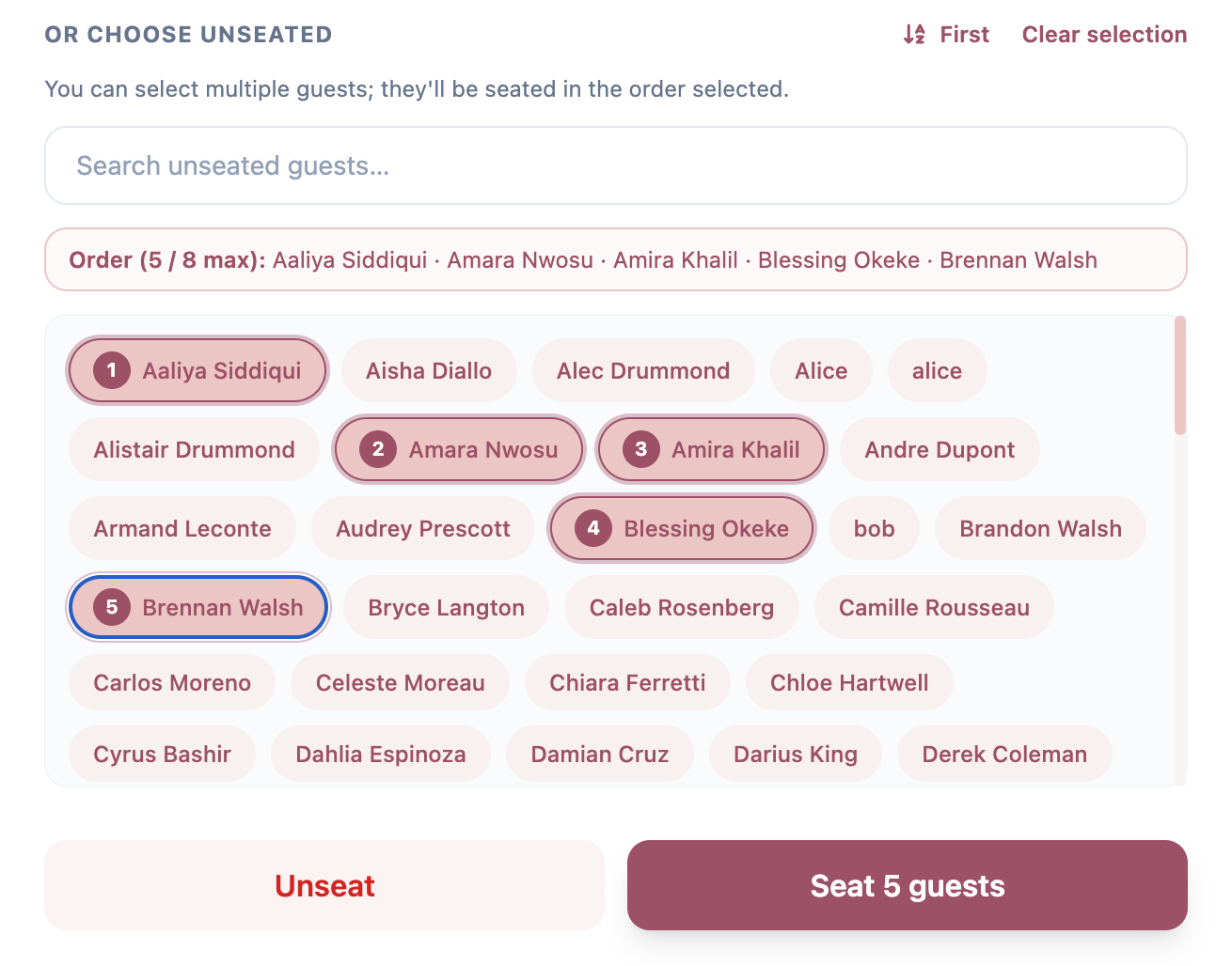 Selecting multiple guests from the unseated panel and assigning them all to a table in one action