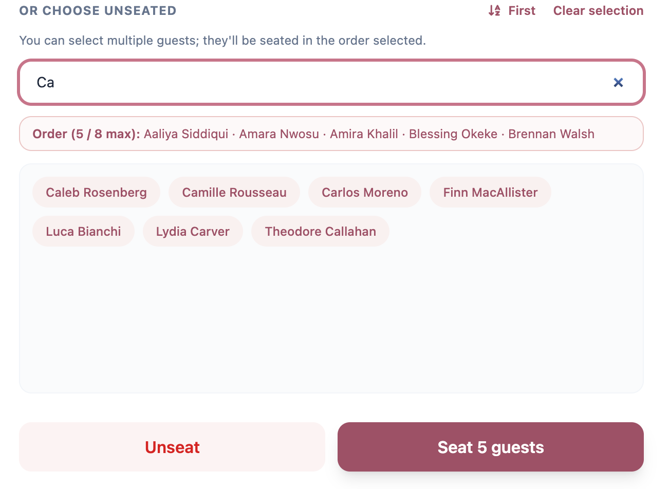 Typing a name into the guest search bar and the list filtering in real time