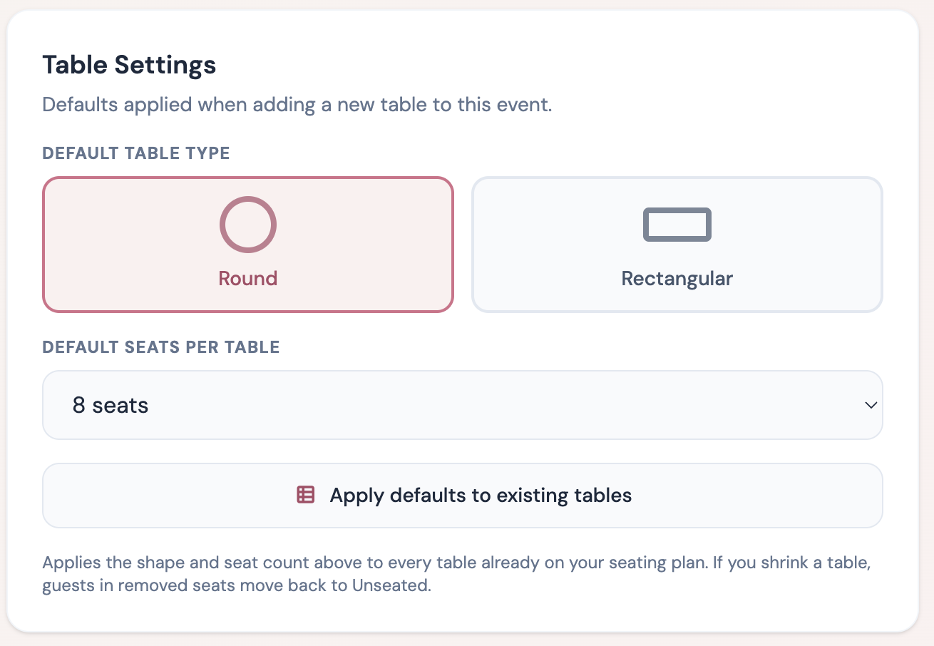 Table Settings panel showing default table type selection (round or rectangular) and default seats per table with an apply-to-all button