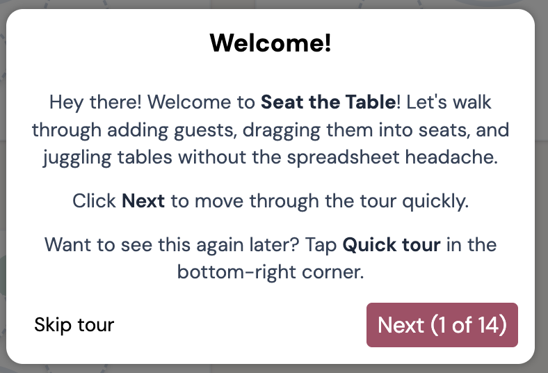 The guided tour welcome screen in Seat the Party, walking new users through adding guests, seating them, and managing tables