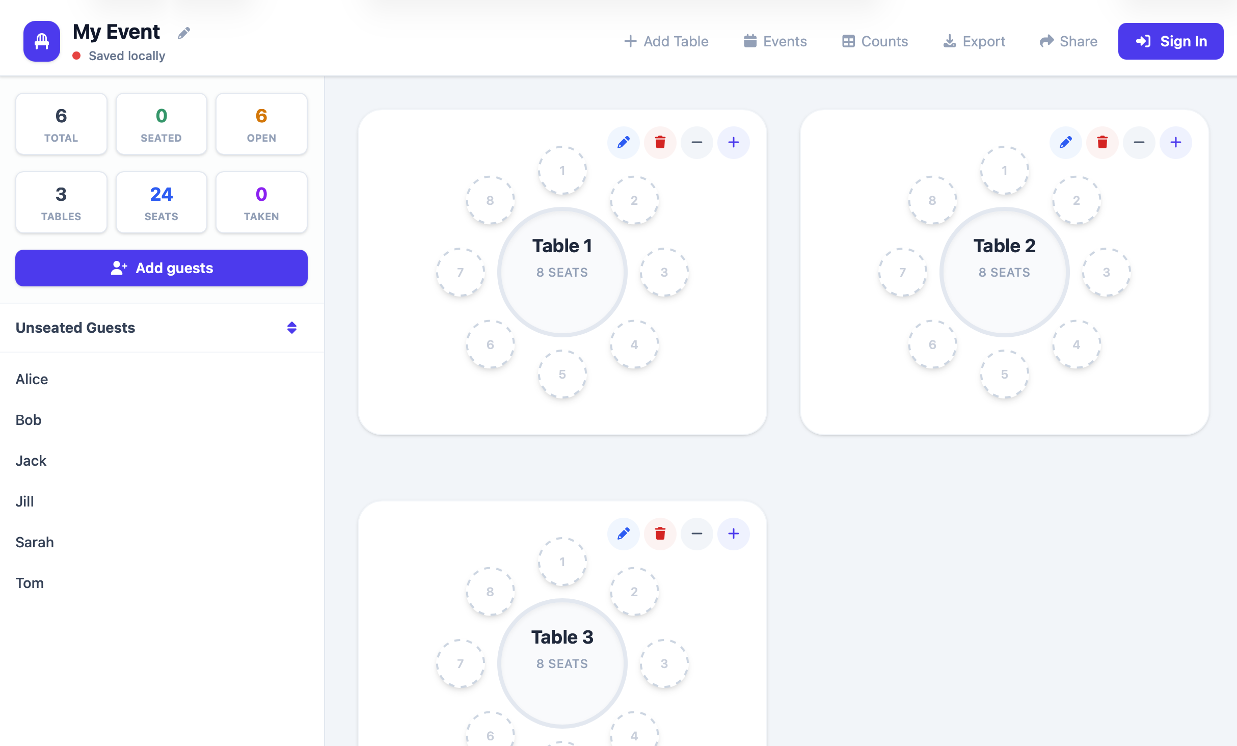 Dragging guests to seats in Seat the Party