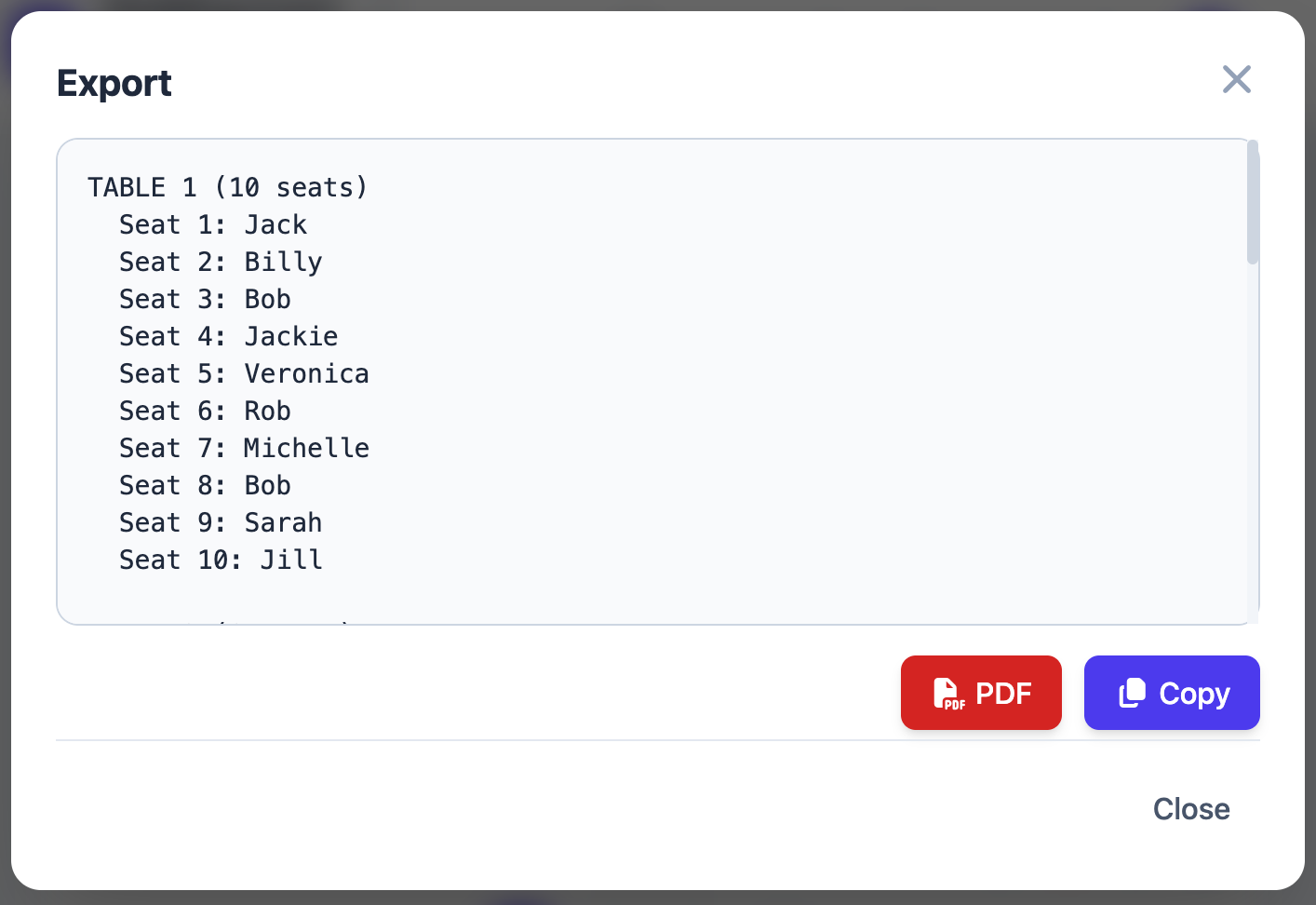 Downloading a PDF of your seating chart